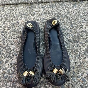 Tory Burch Black Leather Flats with Gold Details